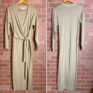 Modern Citizen Knit Wrap Sweater Dress Long Sleeves V Neck Tan Small